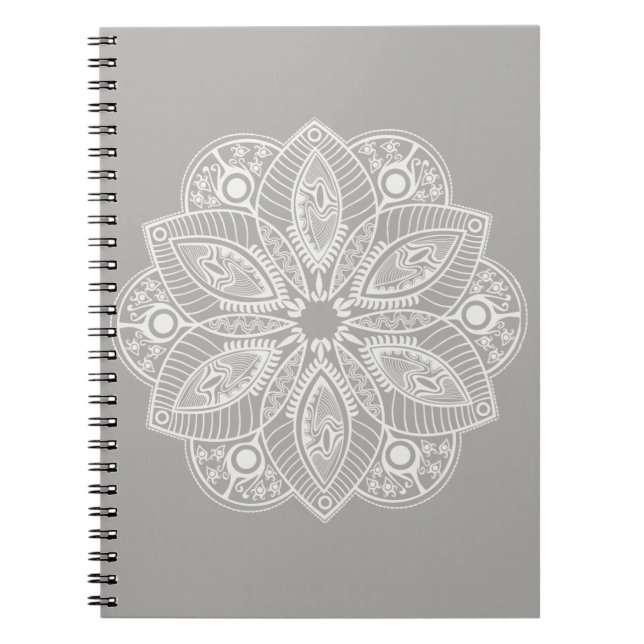 Exotic White Mandala on Grey Background Notebook (Front)