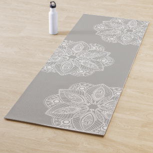 Exotic White Mandala on Grey Background Yoga Mat