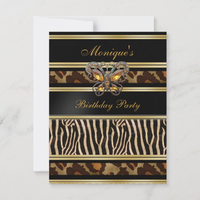 Exotic Wild Animal Prints Birthday Black Gold Invitation (Front)
