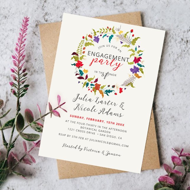 Exotic Wood Wildflower Wreath Engagement Party Invitation (Creator Uploaded)
