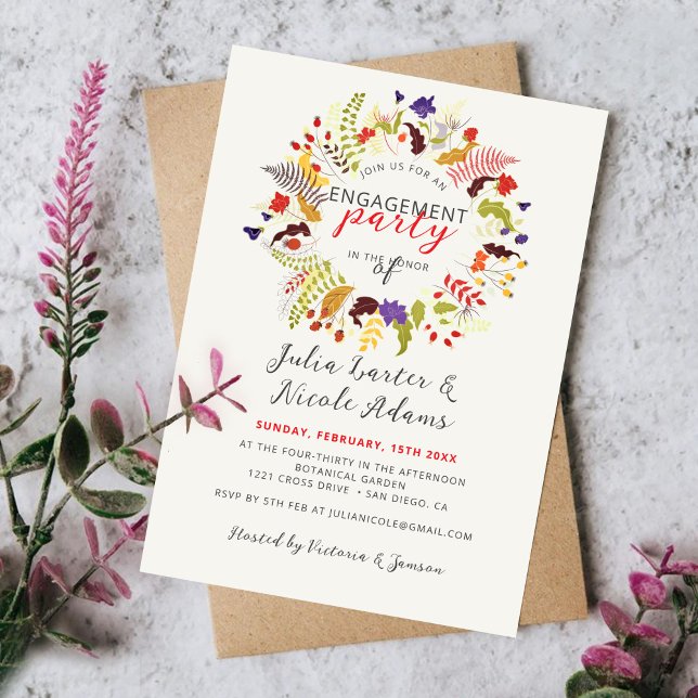 Exotic Wood Wildflower Wreath Engagement Party Invitation (Creator Uploaded)