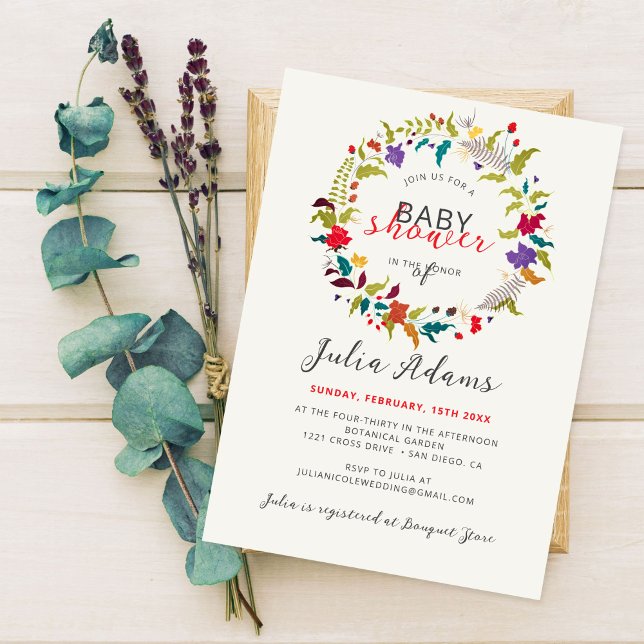 Exotic Woodland Wildflower Wreath Baby Shower Invitation (Creator Uploaded)