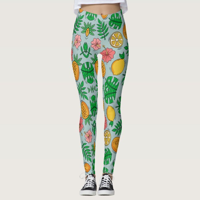 Exotic yellow pink & green leaf Floral pattern Leggings (Front)