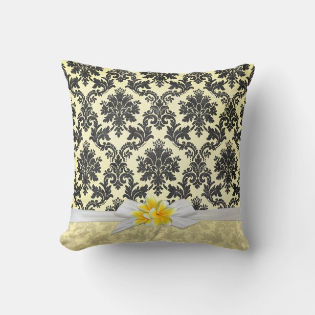 Exotic Yellow Plumeria Damask Pillow (Front)