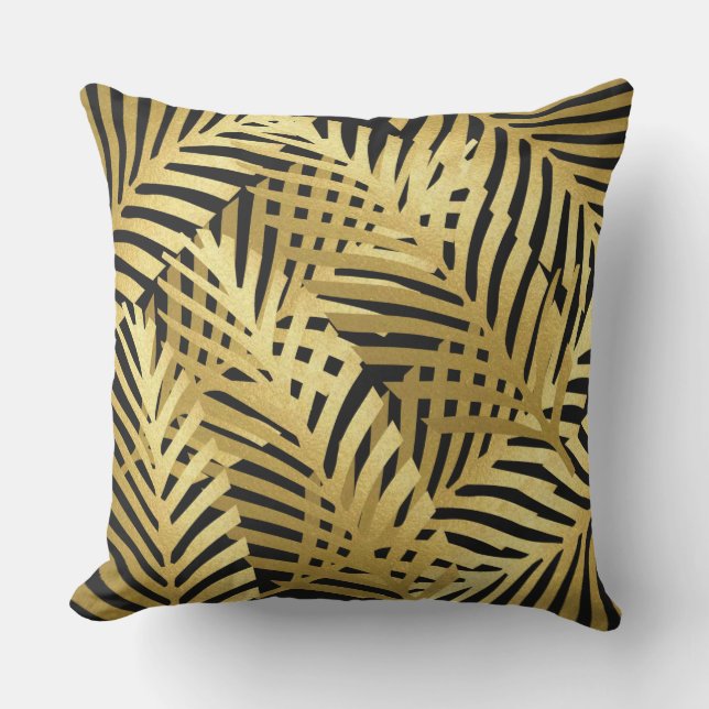 Exotic Zebra Palm Leaves Golden Pattern On Black Cushion (Front)