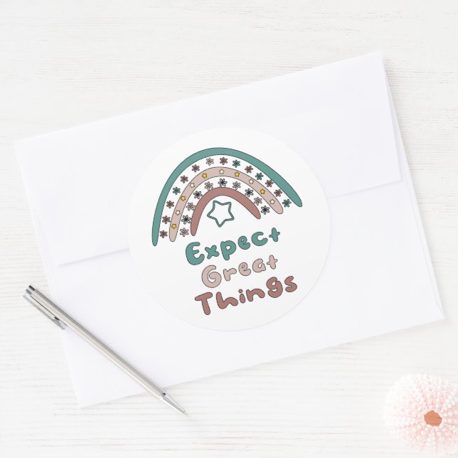 Expect great things motivational boho rainbow classic round sticker (Envelope)