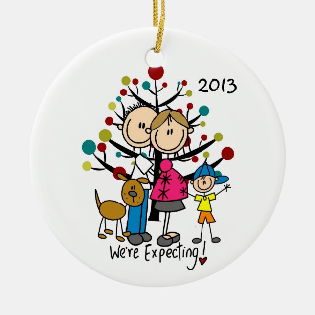 Expectant Couple With Boy and Dog Family Ornament (Front)