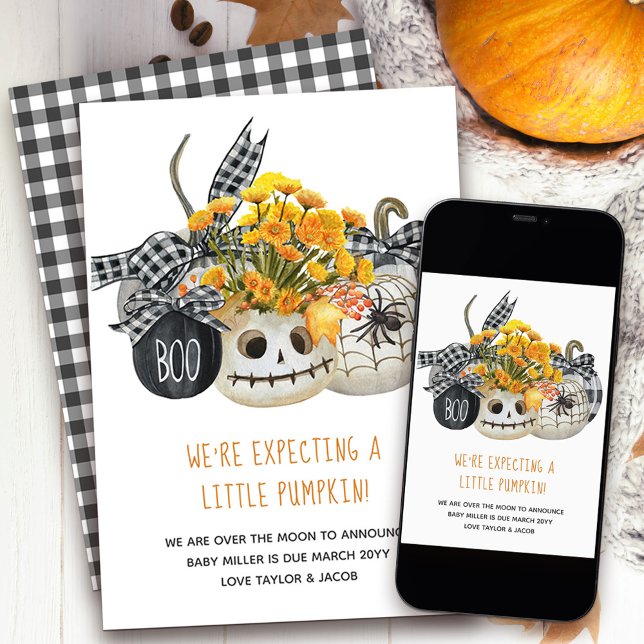Expecting a Little Pumpkin Halloween Farmhouse Announcement (Cute and stylish pregnancy announcement with country farmhouse halloween theme)