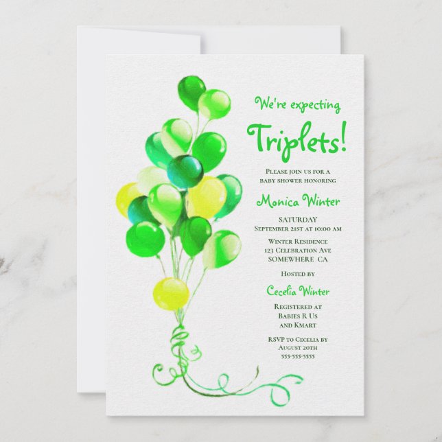 Expecting Triplets Green Balloons Baby Shower Invitation (Front)
