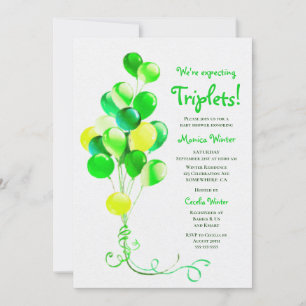 Expecting Triplets Green Balloons Baby Shower Invitation