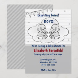 Expecting Twin Boys Cloud Baby Shower Grey Shades Invitation