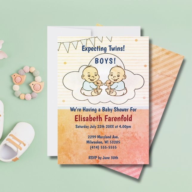 Expecting Twin Boys Cloud Baby Shower Retro Invitation (Expecting Twin Boys Cloud Baby Shower Retro Invitation)