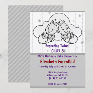 Expecting Twin Girls Cloud Baby Shower Grey Shades Invitation