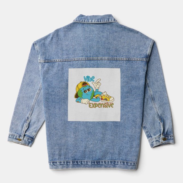 Expensive Vibe – Cool Retro Earth Character Design Denim Jacket (Back)