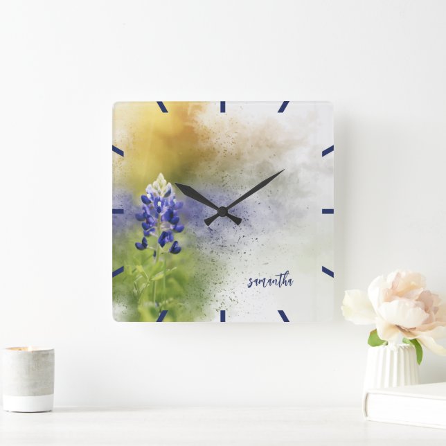 Exploding Bluebonnet Flower Watercolor Square Wall Clock (Home)