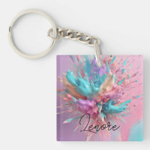 Exploding Paint Abstract Pink Turquoise Lilac Key Ring