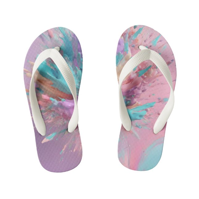 Exploding Paint Abstract Pink Turquoise Lilac Kid's Jandals (Footbed)