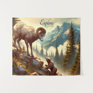 Explore Bighorn Sheep Grizzly Cub Mountain Tapestry