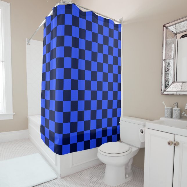 Explore Bold Blue and Black Chequered Design Shower Curtain (In Situ)