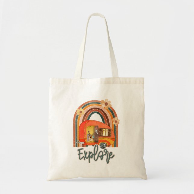 Explore Camping Rainbow Vintage Tote Bag (Front)