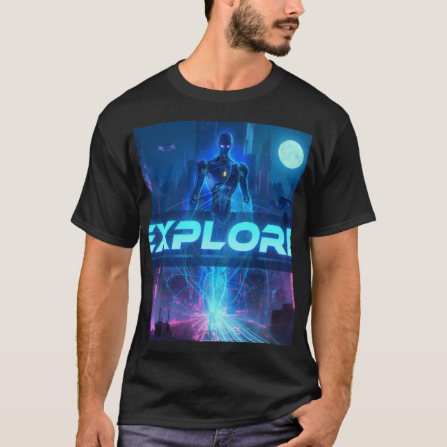 EXPLORE - Cyberpunk Android Sci Fi City Neon Tech  T-Shirt (Front)