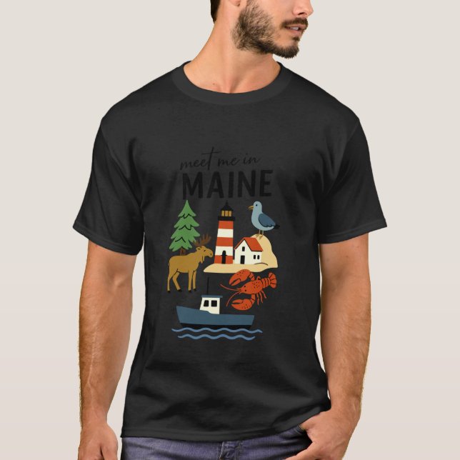 Explore Maine Adventure Awaits Lighthouse Moose T-Shirt (Front)