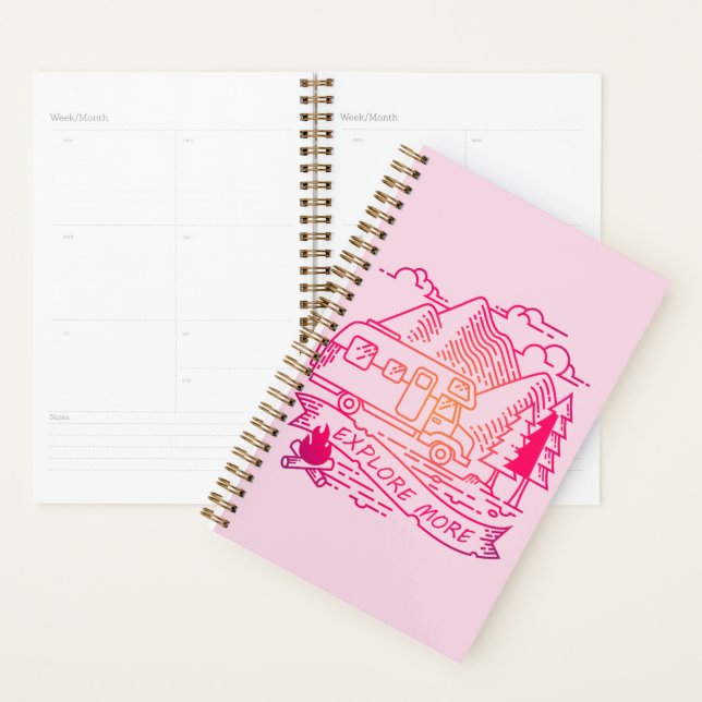 Explore More Pink Camper Van Mountain Nature Lover Planner (Display)