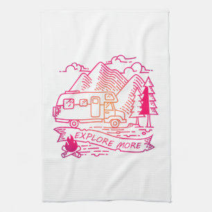 Explore More Pink Camper Van Mountain Nature Lover Tea Towel