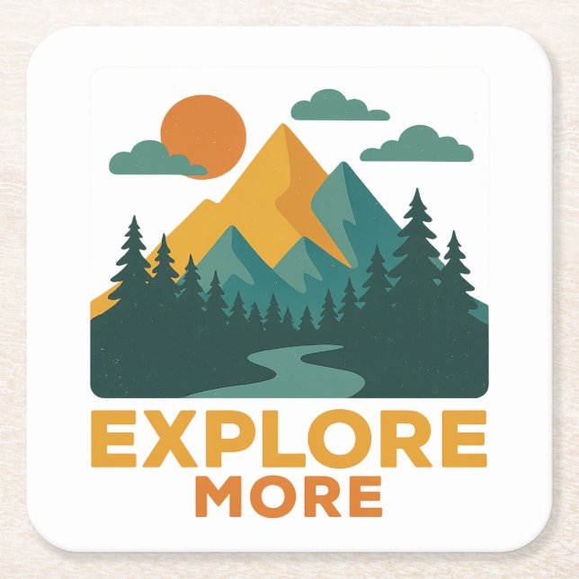 Explore More – Retro Mountain & Forest Adventure Square Paper Coaster (Front)