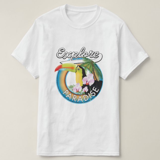 Explore Paradise Travel logo cartoon T-Shirt (Design Front)
