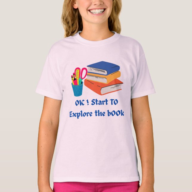Explore the Book –Cute Back to School Girl Reading T-Shirt (Front)