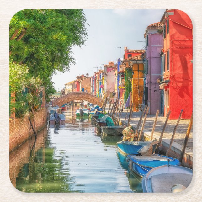 Explore the Vibrant Charm of Burano Square Paper Coaster (Front)