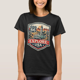 Explore USA Route 66 Vintage Road Trip Badge T-Shirt