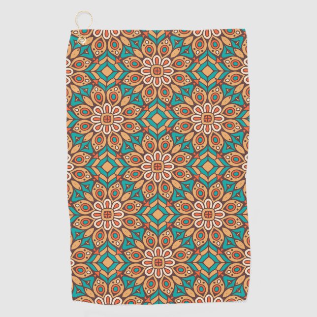 Explore Vibrant Floral Motifs in Geometric Pattern Golf Towel (Front)