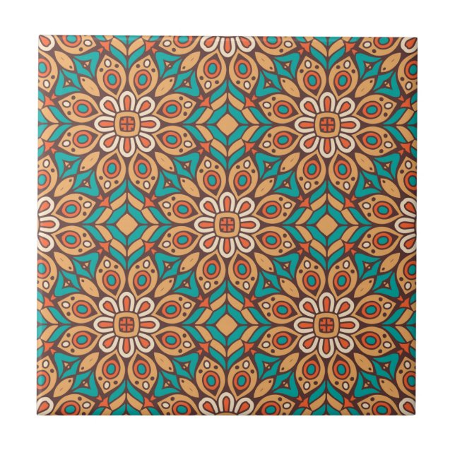 Explore Vibrant Floral Motifs in Geometric Pattern Tile (Front)