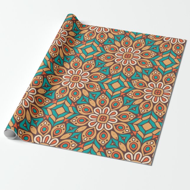 Explore Vibrant Floral Motifs in Geometric Pattern Wrapping Paper (Unrolled)