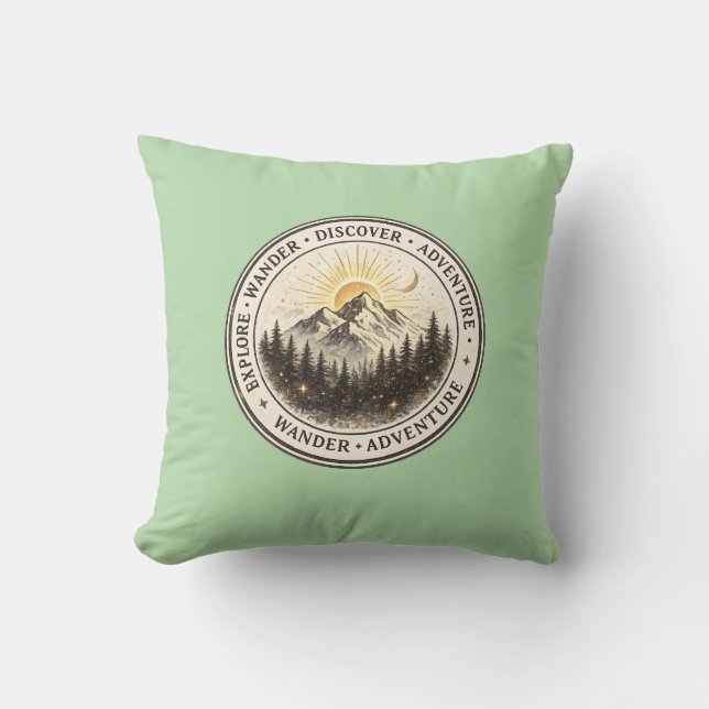 Explore Wander Discover Sage Green Mountain Throw  Cushion (Front)
