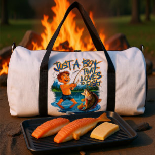 Exploring Nature: Boy Fishing With a Big Catch Duffle Bag