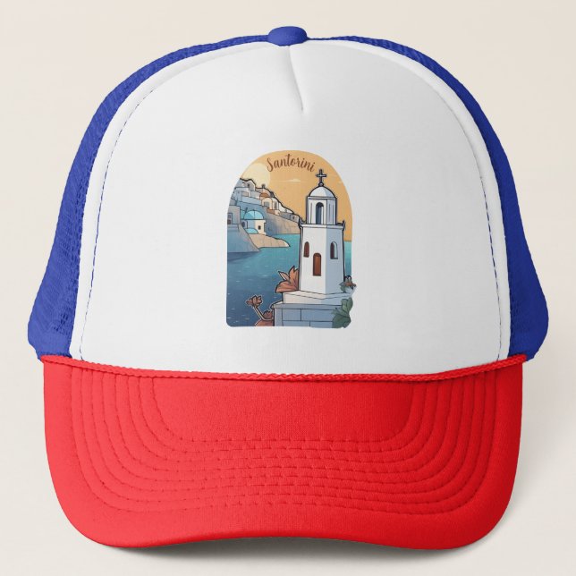 Exploring Santorini, Greece Trucker Hat (Front)