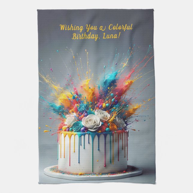 Explosion of Joy – Happy Birthday Cake Tea Towel (Vertical)
