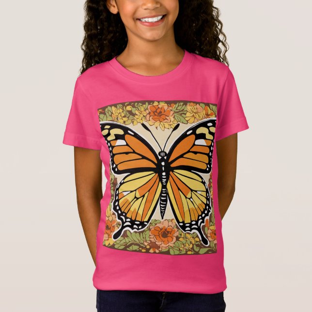 Expressionist Monarch Butterfly with Floral Patter T-Shirt (Front)