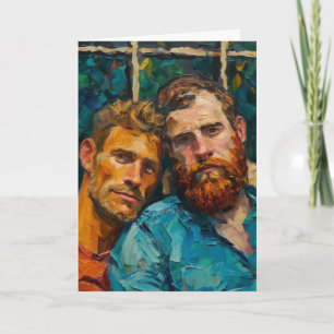 Expressionist Oil Portrait, Two Men, Blue Shirt, R Card