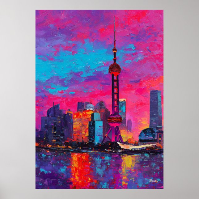 Expressionist Shanghai Skyline Colorful Urban City Poster (Front)