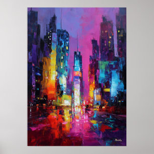 Expressionist Tokyo Skyline Neon Night Cityscape Poster