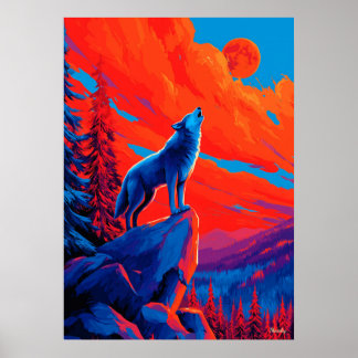 Expressionist Wolf Under Crimson Moon Wall Art