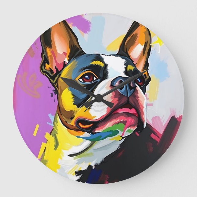 Expressive Boston Terrier Abstract Large Clock (Front)