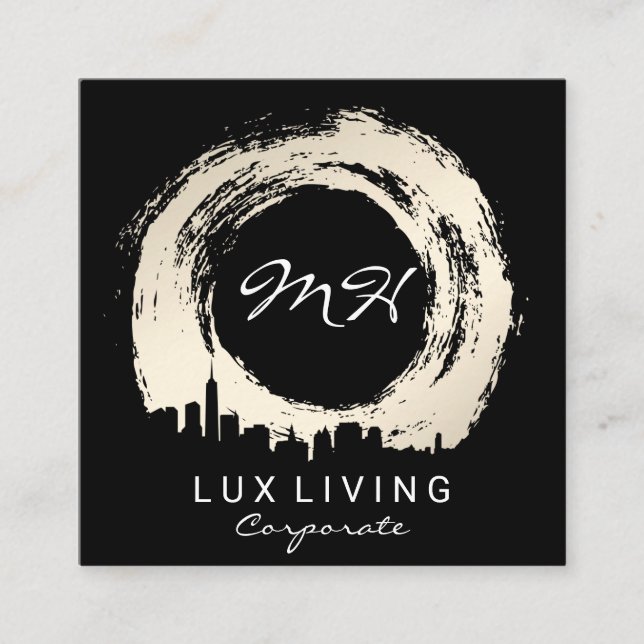 Expressive Brushed & Cityscape Square Business Card (Front)