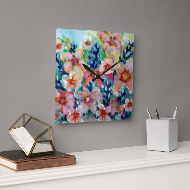 Expressive Colourful Floral Clock Fully Customizab (Office)