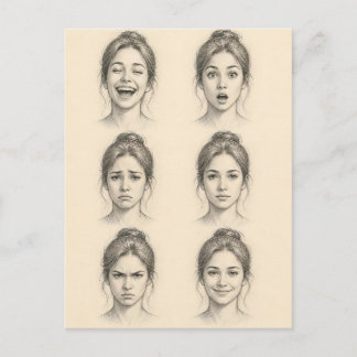 Expressive Female Face Pencil Sketch Compilation Postcard