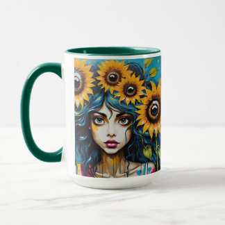 Expressive Girl's Face With Sunflowers Mug